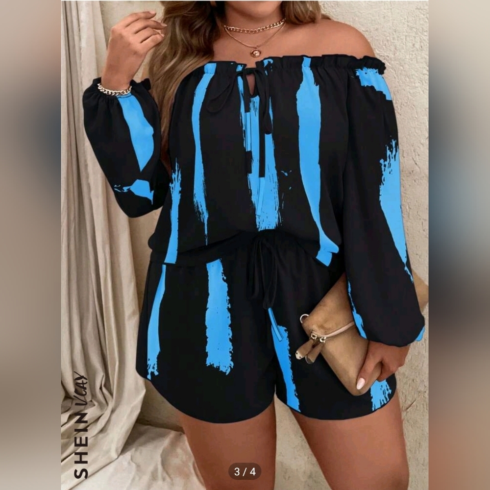 SHEIN VCAY Plus Brush Print Off Shoulder Lantern Sleeve Top & Shorts